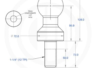 Wireframe technical schematic of a 70mm tow ball showing ADR compliance for 4.5t ATM