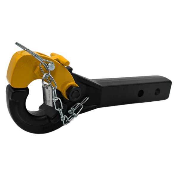 Photo of genuine yellow horn couplemate pintle hitch with tow bar hitch receiver arm