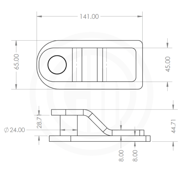 CM551-3 safety chain holder wireframe drawing with measurements for installers