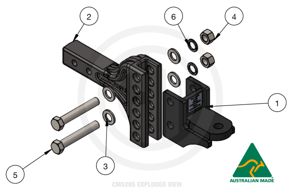 Engineering schematic of an exploded view of the CM529S Adjustable Tow Hitch components. Helps understanding of product specifications. 