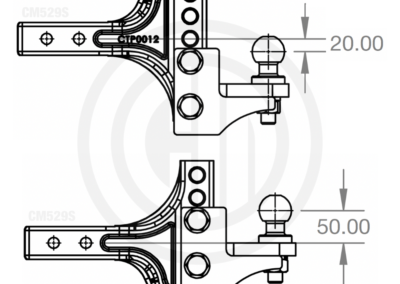 Engineering drawing of the CM529S S-Model demonstrating maximum adjustable hitch drop.