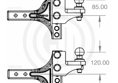 Engineering drawing of the CM529S S-Model demonstrating maximum adjustable hitch rise.