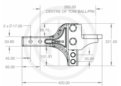 Engineering drawing of the CM529S S-Model demonstrating specifications of the adjustable tow hitch.