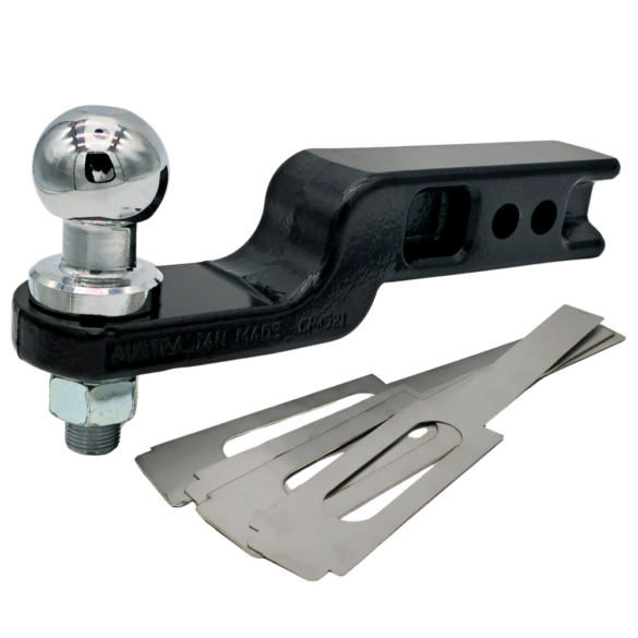 Vehicle tow bar tongue hitch with 50mm tow ball and anti-rattle shims