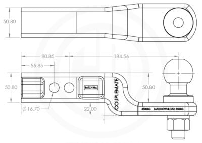 Engineering schematic of the Couplemate CM521 50mm tow bar hitch.